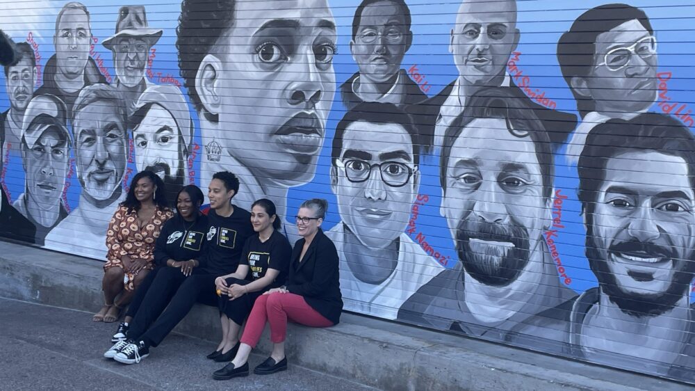 Brittney Griner is joined by Arizona Gov. Katie Hobbs to reveal a mural supporting Bring Our Famili...